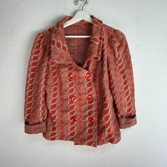 Anthropologie HWR Womens Jacket Large Orange Geo Woven Basic 3/4 Sleeve Cotton - Picture 1 of 8